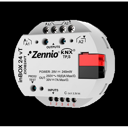 Zennio ZIOIB24VT Многофункциональный привод для скрытого монтажа с 2 выходами (16 А-нагрузка) и 4 аналого-цифровыми входами inBOX 24 vT арт. ZIOIB24VT