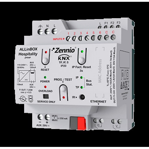 Zennio ZPRHP Многофункциональное устройство с блоком питания KNX, интерфейсом KNX-IP, 6 входами и 4 выходами для управления 2-трубным фанкойлом и одним дополнительным выходом C-нагрузки 16 А. ALLinBOX арт. ZPRHP