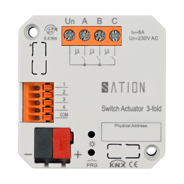Актуатор релейный KNX 3-канальный,  8А @230В~, 4 входа сухих контактов, задержка на вкл./выкл., подсветка лестниц, мастер вкл./выкл., сообщение о статусе, управление сценами, логические действия, установка в монтажную коробку