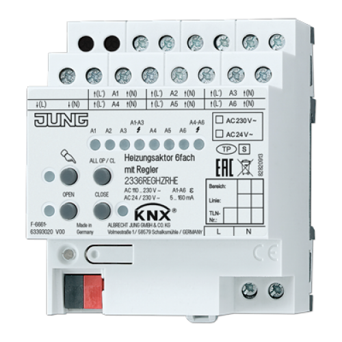 Нагревательный привод KNX с 6-выходным регулятором для монтажа на DIN-рейку арт. 2336REGHZRHE