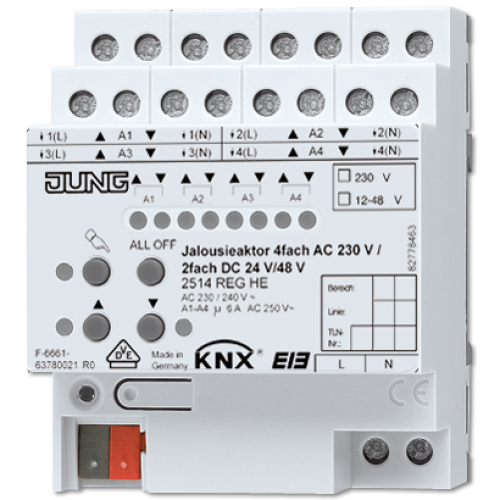 Актуатор для управления жалюзи KNX 4 канала 230 В переменного тока, 2 канала 24 В постоянного тока, арт. 2514REGHE