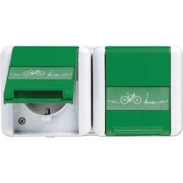 Socket SCHUKO® doppia 16 A 250 V~ con targhetta 22 x 48 mm, coperchio a cerniera con simbolo ricarica e-bike, verde арт. 8220GNNAWEB